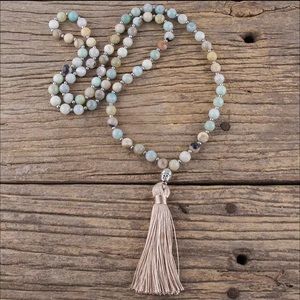 NEW 🌺 Genuine Amazonite Silver Buddha Tassel Necklace